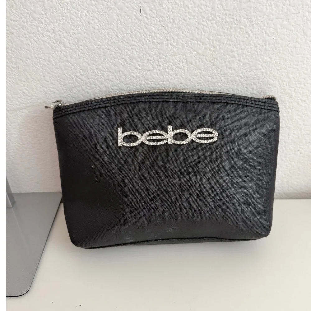 Bebe Black Saffiano Rhinestone Logo Makeup Bag Cosmetic Pouch Zip Top Organizer